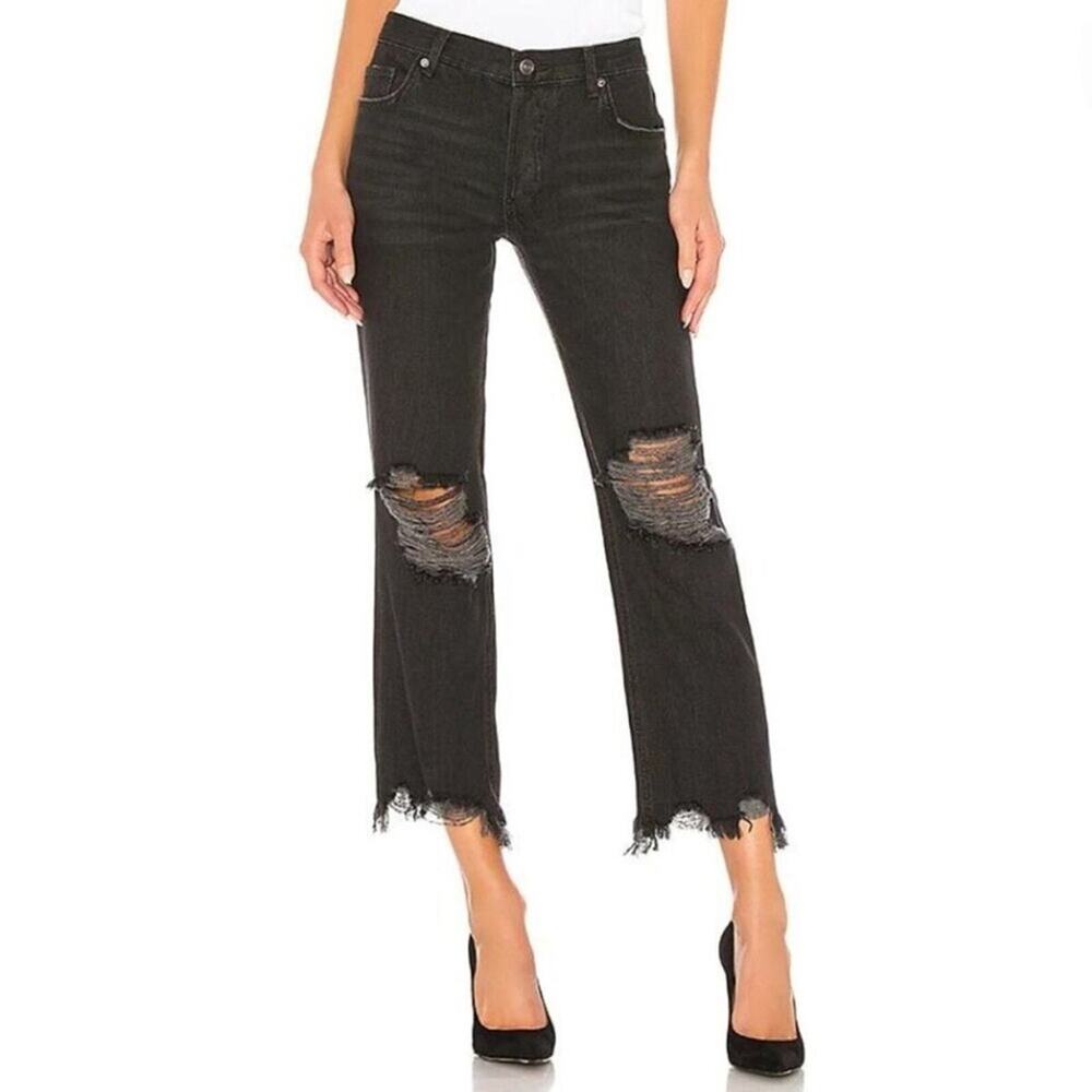 Free People Maggie Distressed Black Wash Denim Button Fly Crop Jeans Size 26